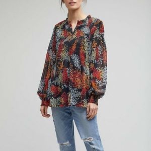 Anthropologie Women's V-Neck Balloon Sleeve Floral Chiffon Smocked Top